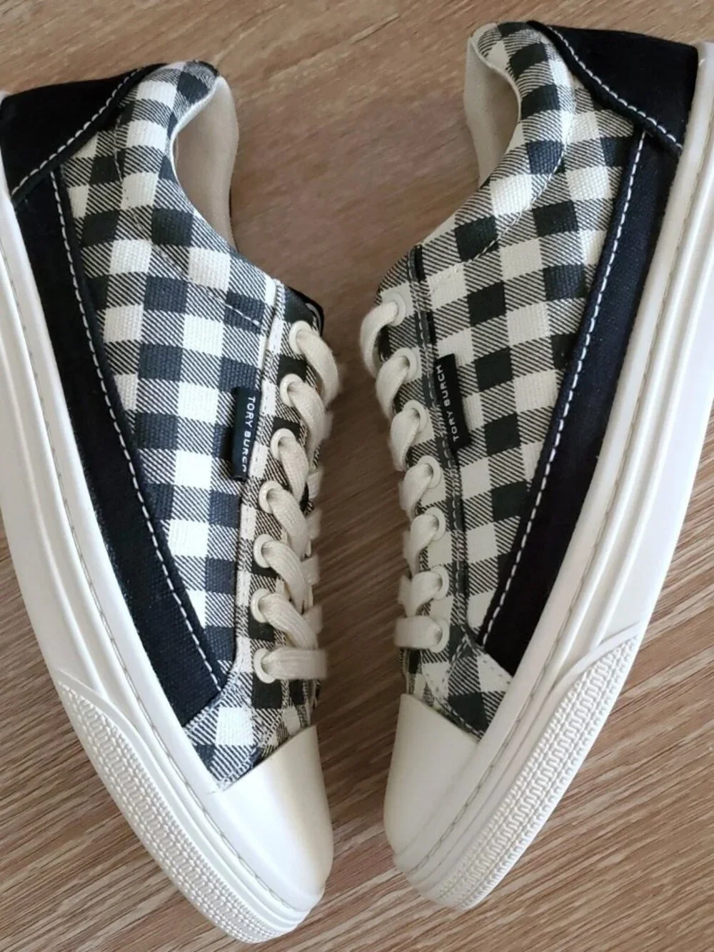 Tory Burch Classic Court Lace Up Black Gingham Canvas Sneaker Size 6